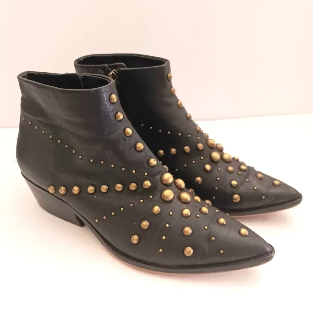 1. State Sobel Blk Leather Bootie Starburst Brass Studs Point Toe Sz 6.5